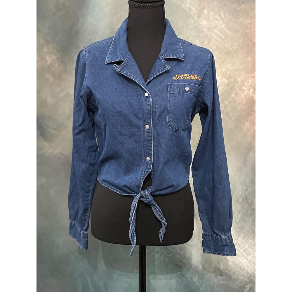 Harley Davidson Vintage 90s Tie Front Denim Top Button Up Shirt Size Small
